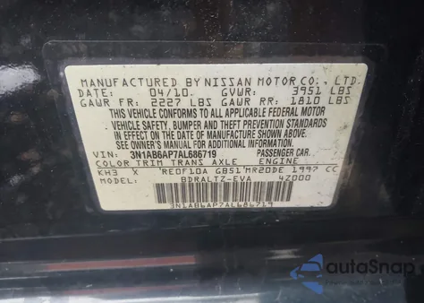 2010 Nissan Sentra 2.0/2.0S/Sr/2.0Sl из США, поврежденный, VIN 3N1AB6AP7AL686719